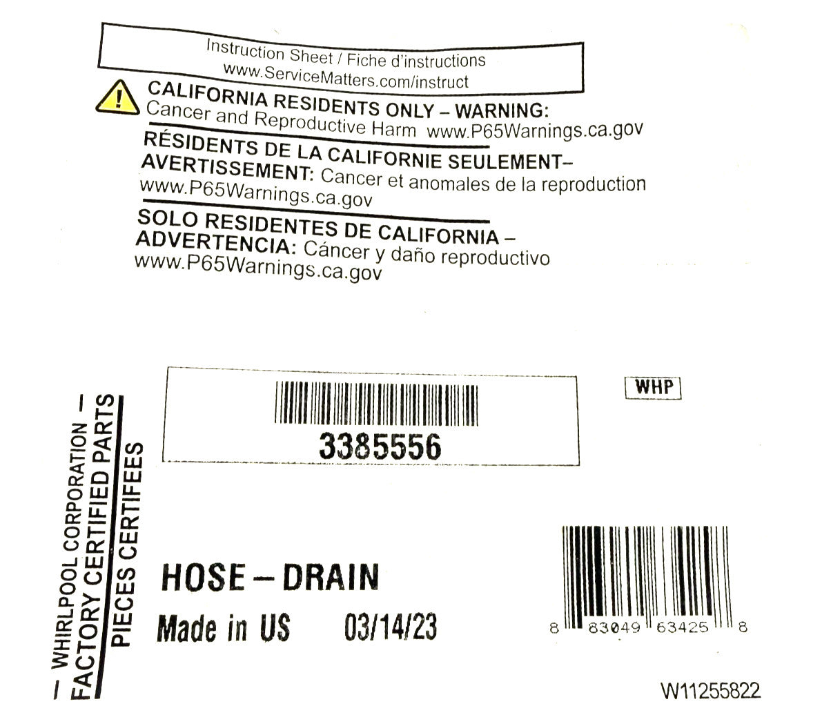 New Replacement for Whirlpool Dishwasher Drain Hose 3385556