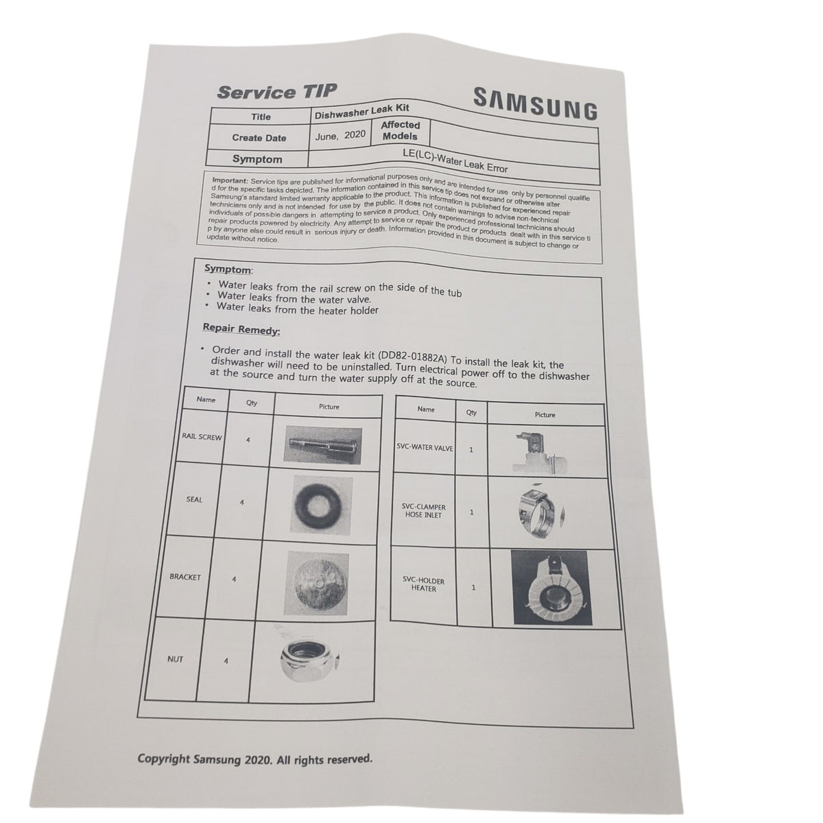 New OEM Replacement for Samsung Dishwasher Leak Kit DD82-01882A 1Y