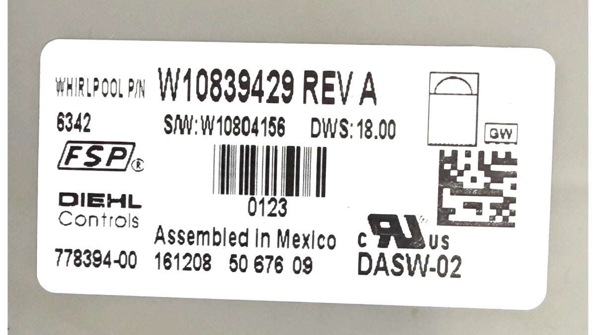 OEM Replacement for Whirlpool Dishwasher Control W10839429