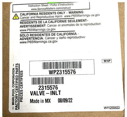 New Replacement for Whirlpool Fridge Water Inlet Valve 2315576