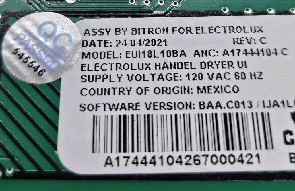 OEM Replacement for Electrolux Dryer Control 	A17444104C